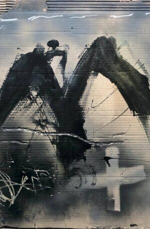 Antoni TAPIES, "M" – Pintura, lápiz y rasgado sobre cartón ondulado